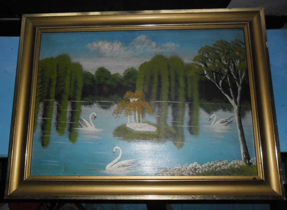 Łabędzie w sadzawce-obraz olejny.Sztuka ludowa