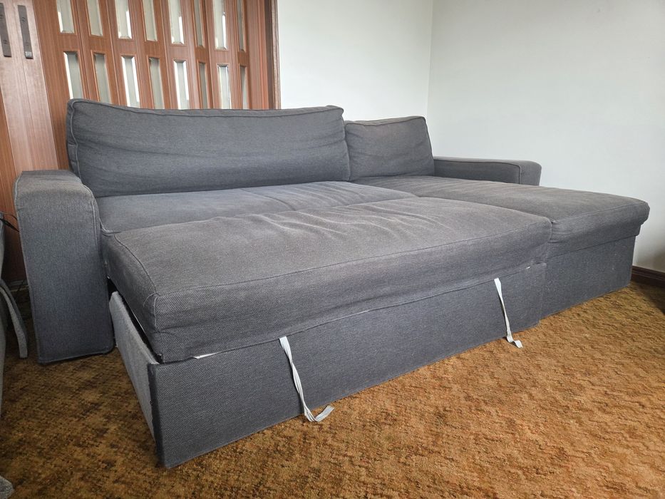 Sofá-cama de canto com chaise e arrumação – cinza escuro