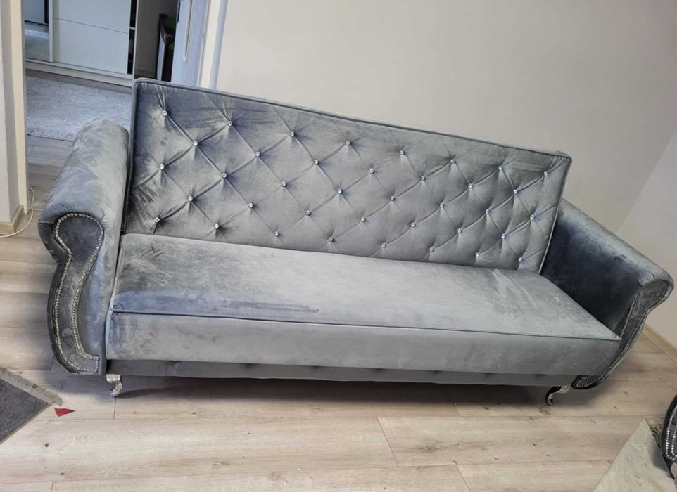 Zestaw Mebli Glamour Kanapa rozkładana,Fotele, Stół,puf Komplet mebli