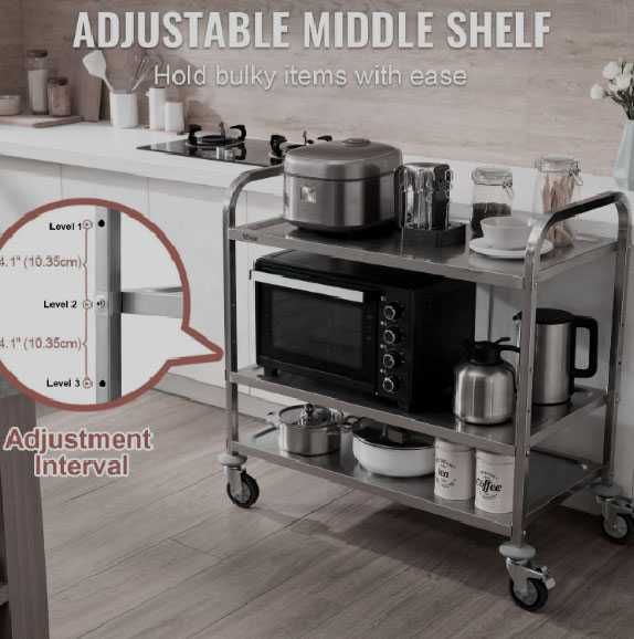 Carrinho de cozinha em aço inoxidável VEVOR -  3 niveis ajustaveis