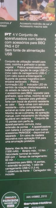 Conjunto de aparafusadora Parkside com acessórios para BBQ