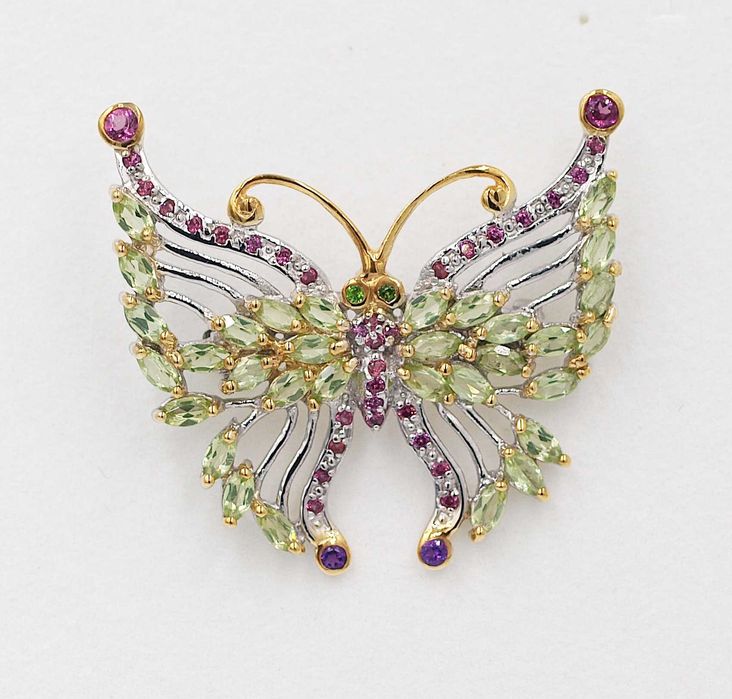 Broszka motyl srebro 925 oliwiny granaty ametysty certyfikat