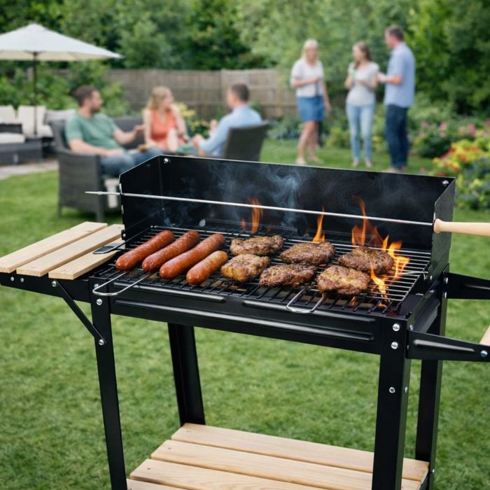 GRILL Węglowy Ogrodowy Na Kółkach Regulowany Rożen BBQ Ruszt 50 x 24cm