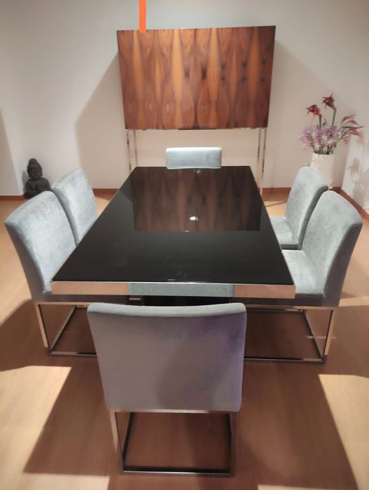 Mesa de Jantar em Inox, Vidro e Madeira + 6 Cadeiras