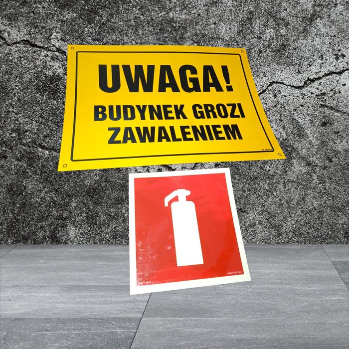 Ostrzeżenia tablica informacyjna znak budowlana gaśnica  budynek grozi zawaleniem