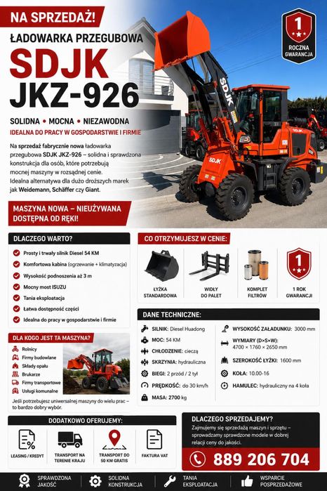 Nowa Ładowarka kołowa Przegubowa 54KM/Gwarancja/1000Kg/Od Reki!/+Widły