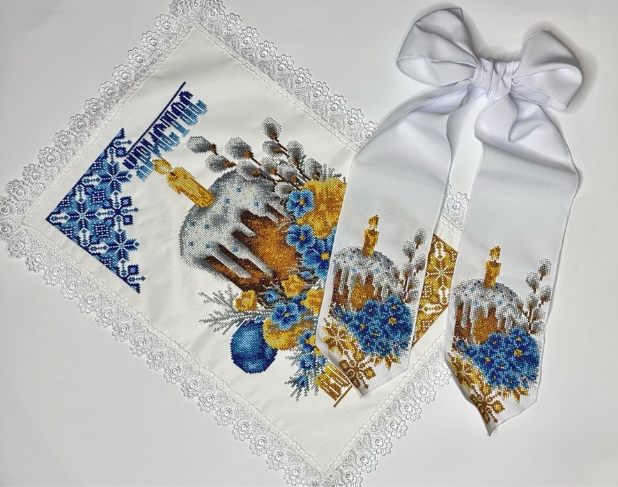 Вишитий бісером Великодній рушник + бант