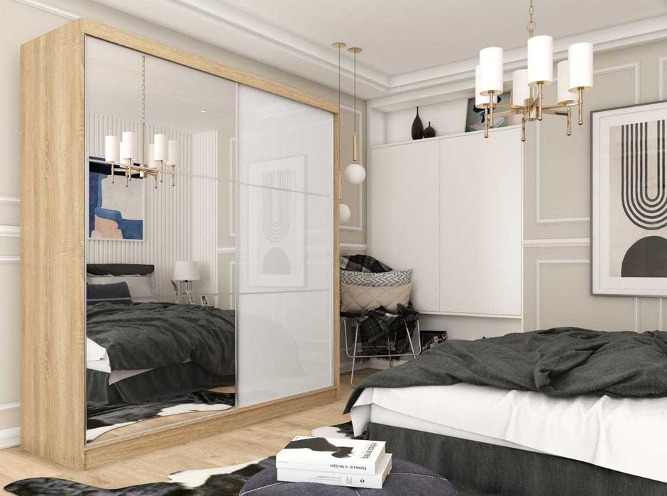 Szafa duża do sypialni 200cm z lustrem i szkłem lacobel pojemna szafa