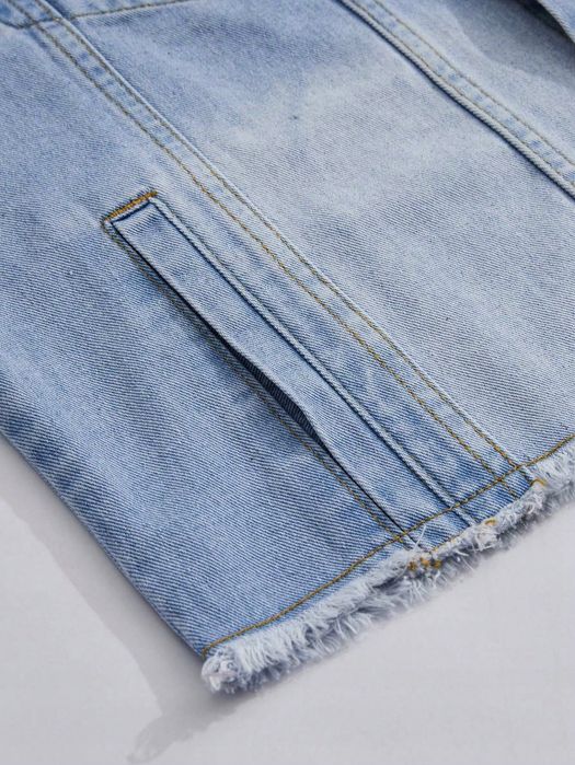 Kurtka Męska Jeansowa Vintage Z Surowym Wykończeniem Casual Romwe M