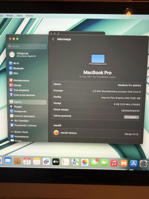 Macbook pro i5 2017 8gb ram, 256 ssd z nową baterią