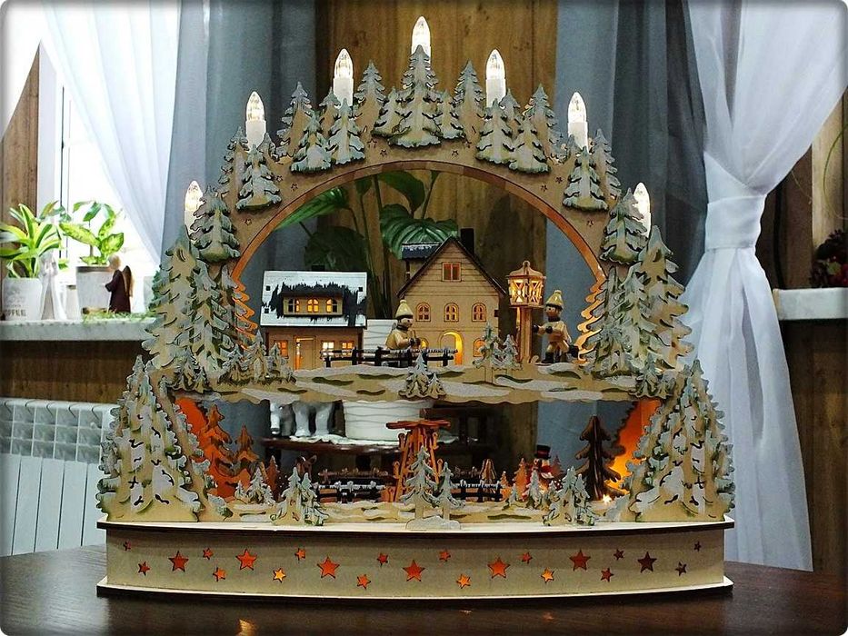 Świąteczna DUŻA Szopka ruchoma drewniana na parapet /Scenka miasto Led