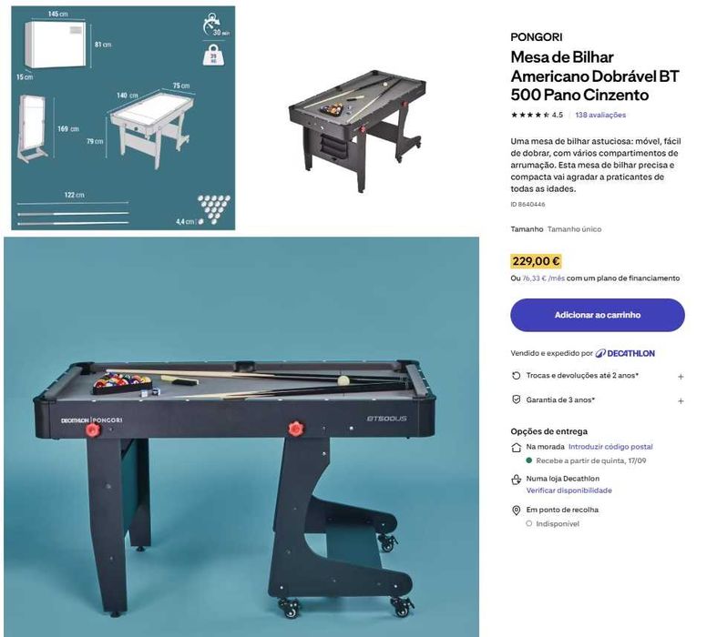 Mesa de Bilhar Americano Dobrável BT 500 Pano Cinzento + 2 Tacos + Conjunto de Bolas [USADA 1 VEZ].