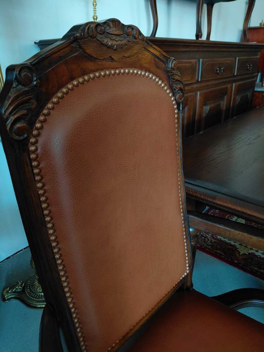 Elegancki dębowy komplet stół + 6 krzeseł skórzana tapicerka