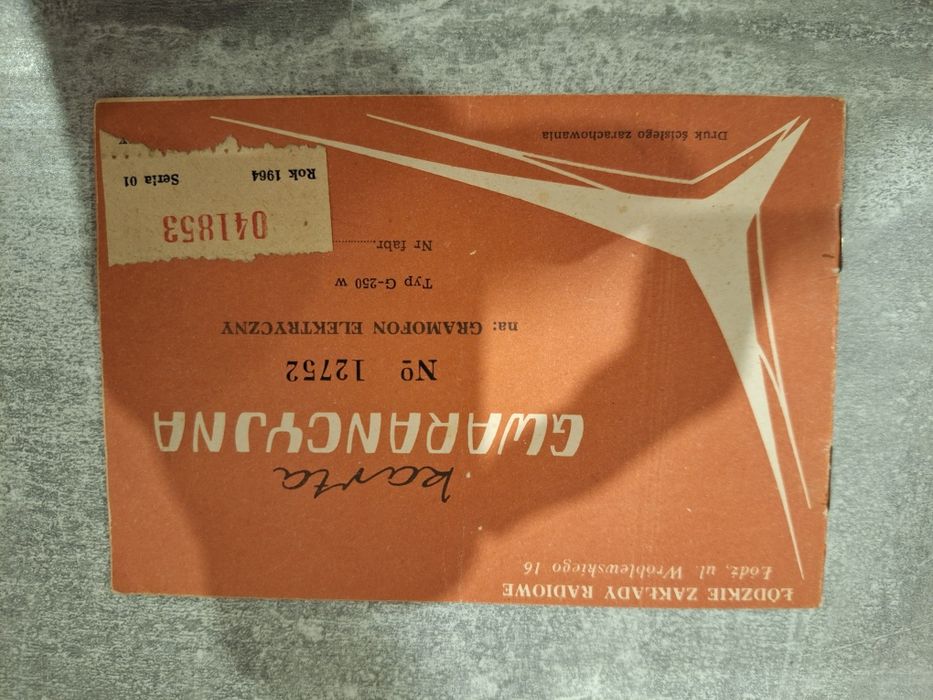 Karta gwarancyjna gramofon 1964