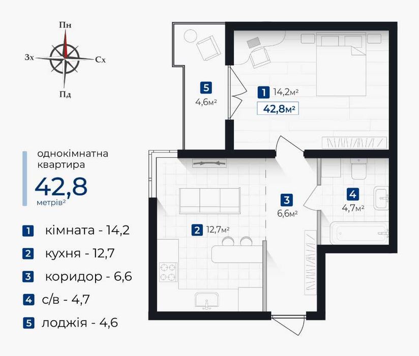 1-но кімнатна квартира, від забудовника