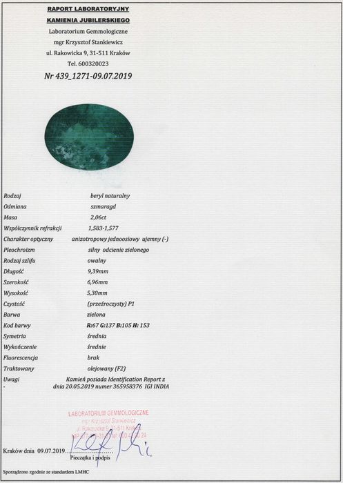 Duży Naturalny Szmaragd - 2,06ct - CERTYFIKAT IGI - KRAKÓW