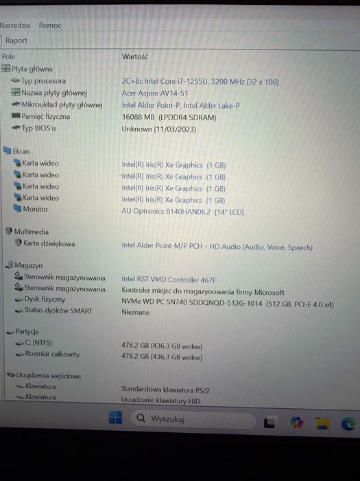 Laptop Acer Aspire i7-1255U 16GB 512GB SSD Stan bdb