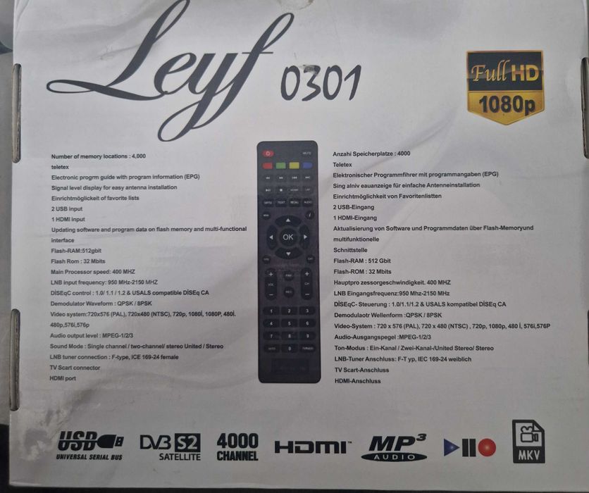 Dekoder Satelitarny Leyf 0301 DVB-S2 Full HD 1080p USB HDMI