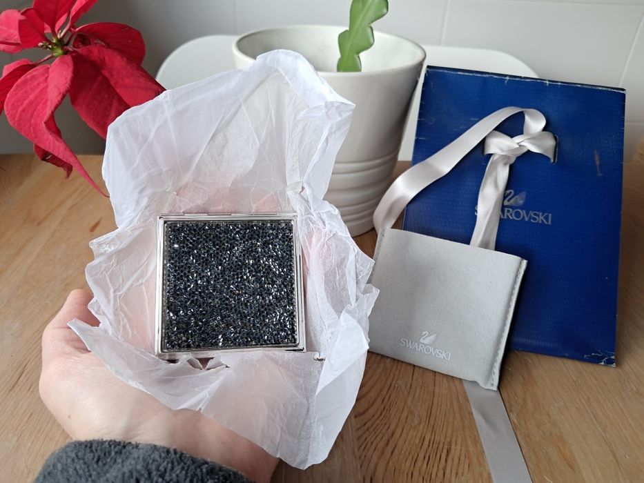 Espelho compacto Swarovski Crystals duplo lado quadrado preto prata