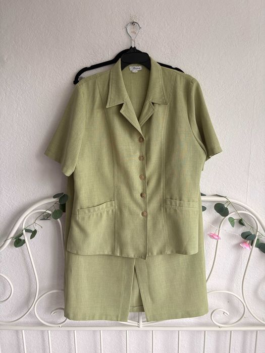 Oliwkowy komplet ze spódnicą garniturowy lniany wygląd retro vintage Wadrex 46 3XL