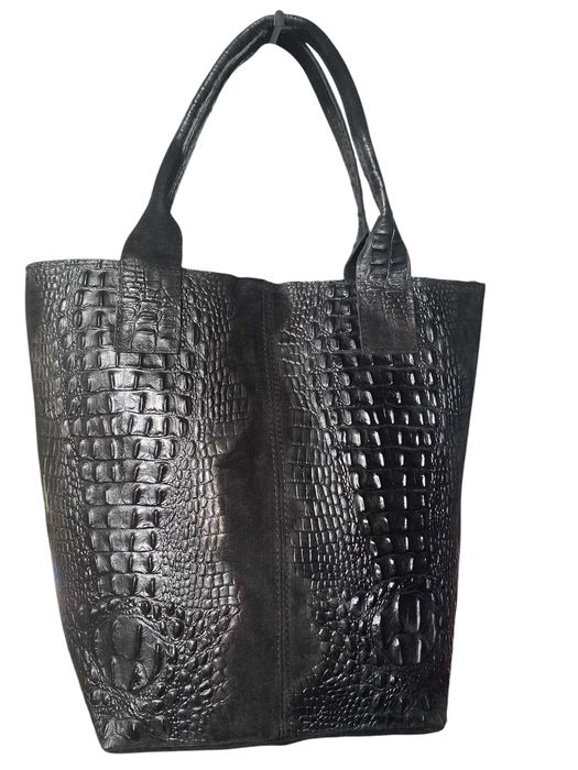 Torebka damska zamszowa Vera Pelle Shopper Croco Frędzelki CZARNA