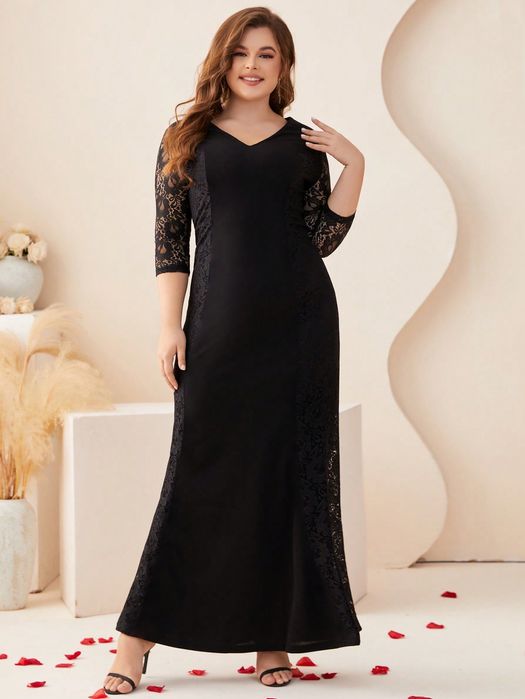 Sukienka Wieczorowa Koronkowa Syrena Z Dekoltem V Maxi Czarna Xxl 44