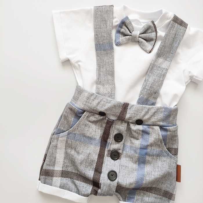 Elegancki szary KOMPLET szorty body, letni garnitur niebieska krata 74