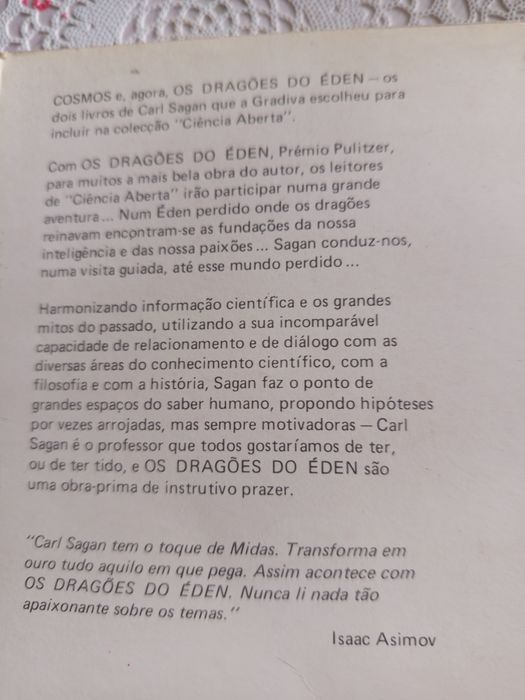 Livro.  Carl. Sagan- Os Dragões do Eden