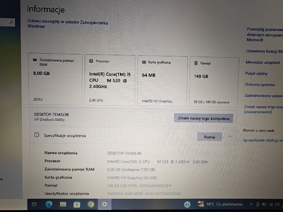 Laptop hp 8440p + stacja dokująca