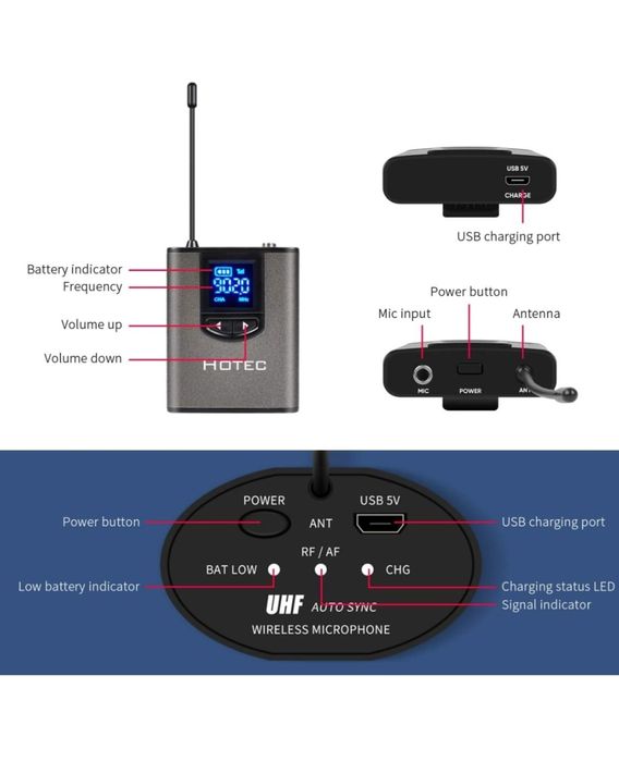 HOTEC UHF bezprzewodowy zestaw słuchawkowy mikrofon.