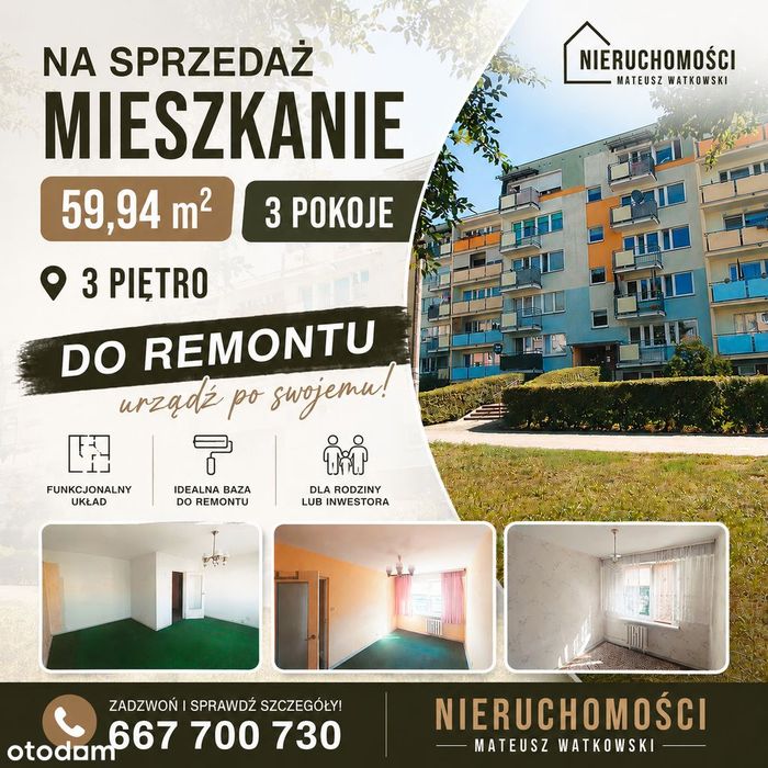 Mieszkanie 3 pokoje| 59,94m2| do remontu| 3 piętro| Lotnisko