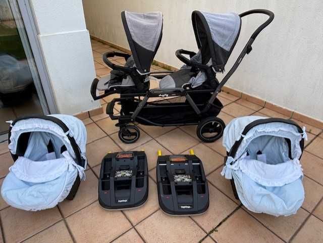 Carrinho de Gémeos Peg Perego + 2 Ovos + 2 Bases ISOFIX + Forras Ovos