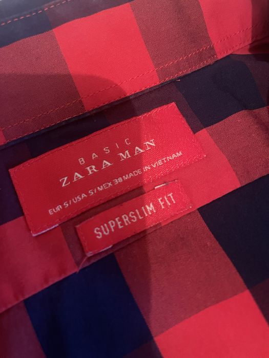 Koszula NOWA ZARA unisex roz. 38 Slim w kratkę granatowo-czerwona