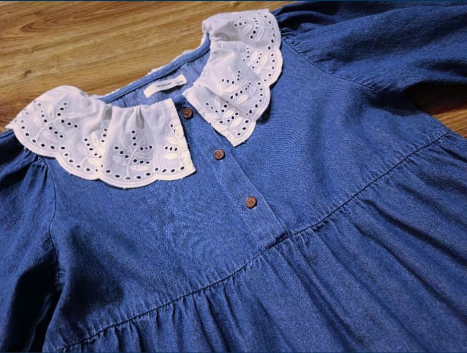 RESERVED sukienka granatowa  biały midi falbany dżinsowa rozm.152