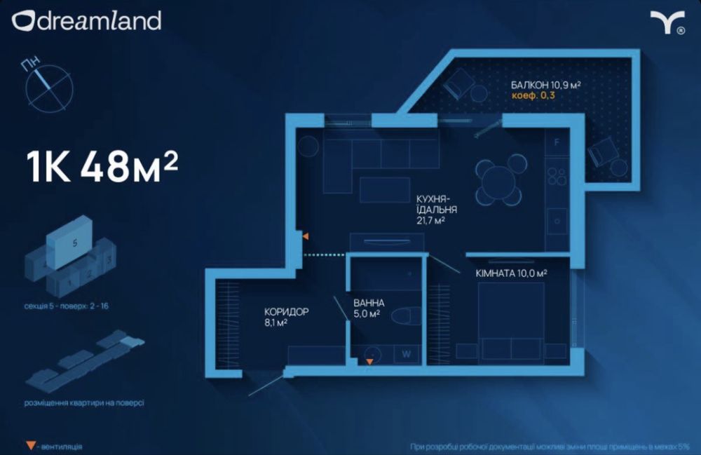 Продаж сучасної 1-кімнатної квартири в ЖК Dream Land