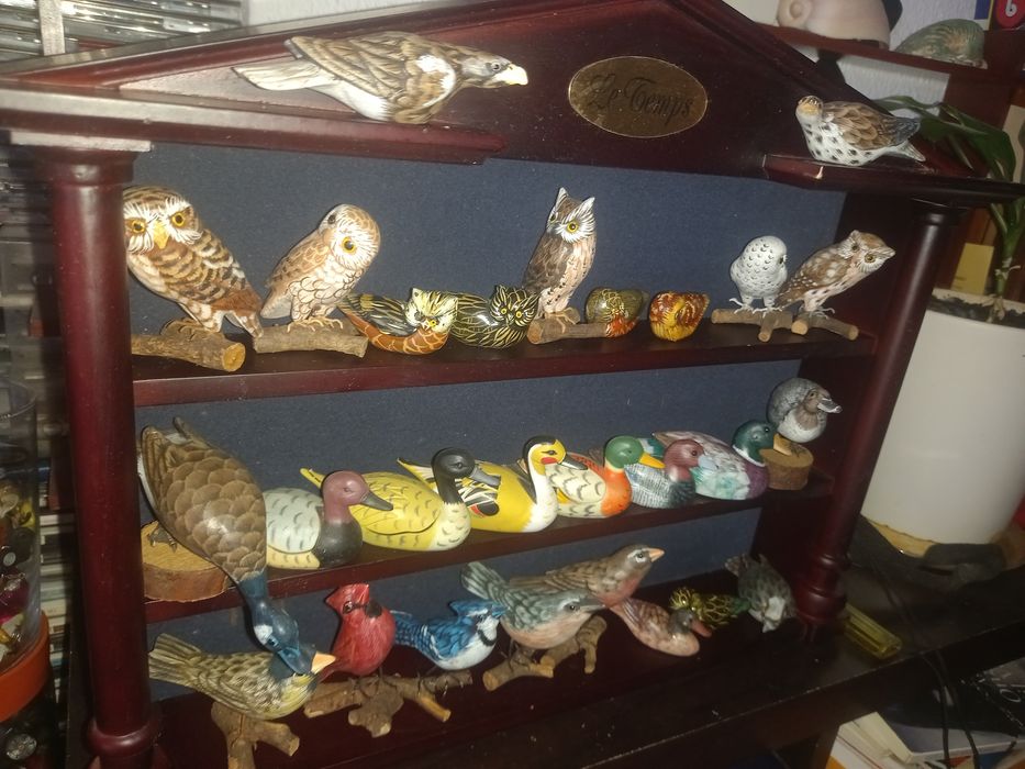 Estante com 27 miniaturas de aves