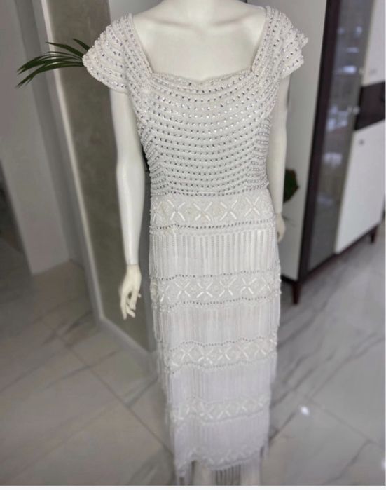 Virgos lounge biała cekinowa sukienka midaxi frędzle hiszpanka 46 3 xl