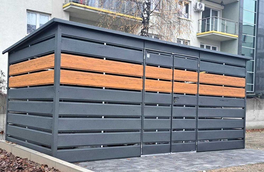 Ładny Garaż Blaszany GRAFITOWY z zadaszeniem bocznym -Maj-Blach