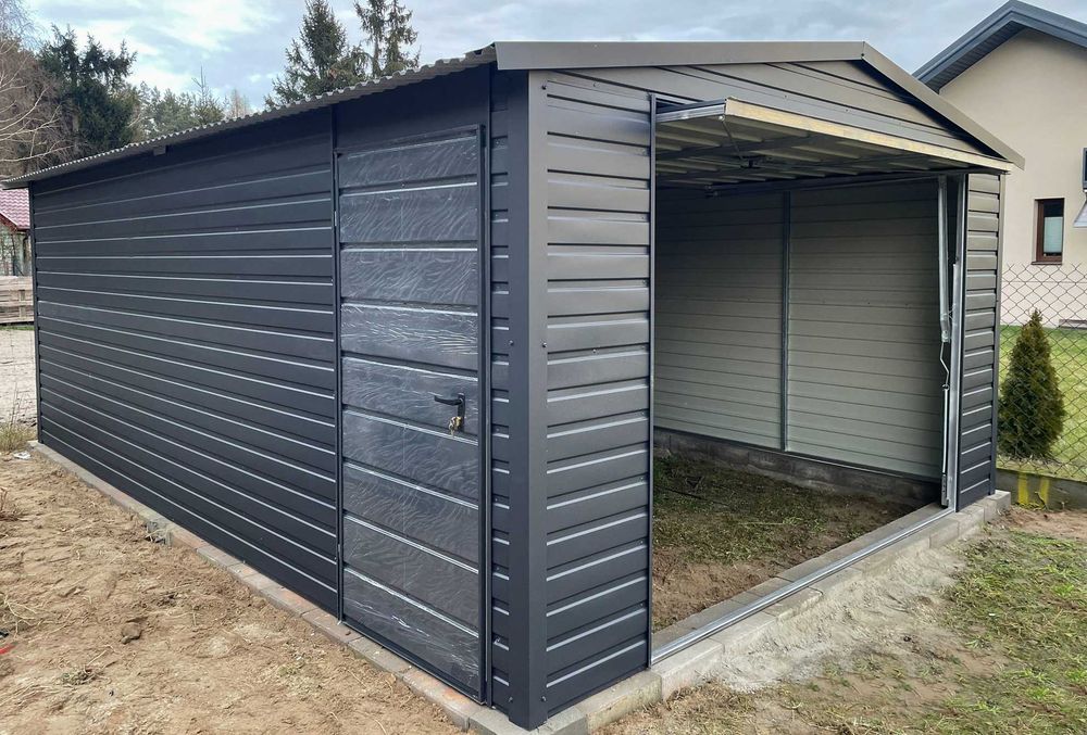 Garaż Blaszany 3.5x5 ciemny grafit MAT dwuspad brama uchylna PREMIUM