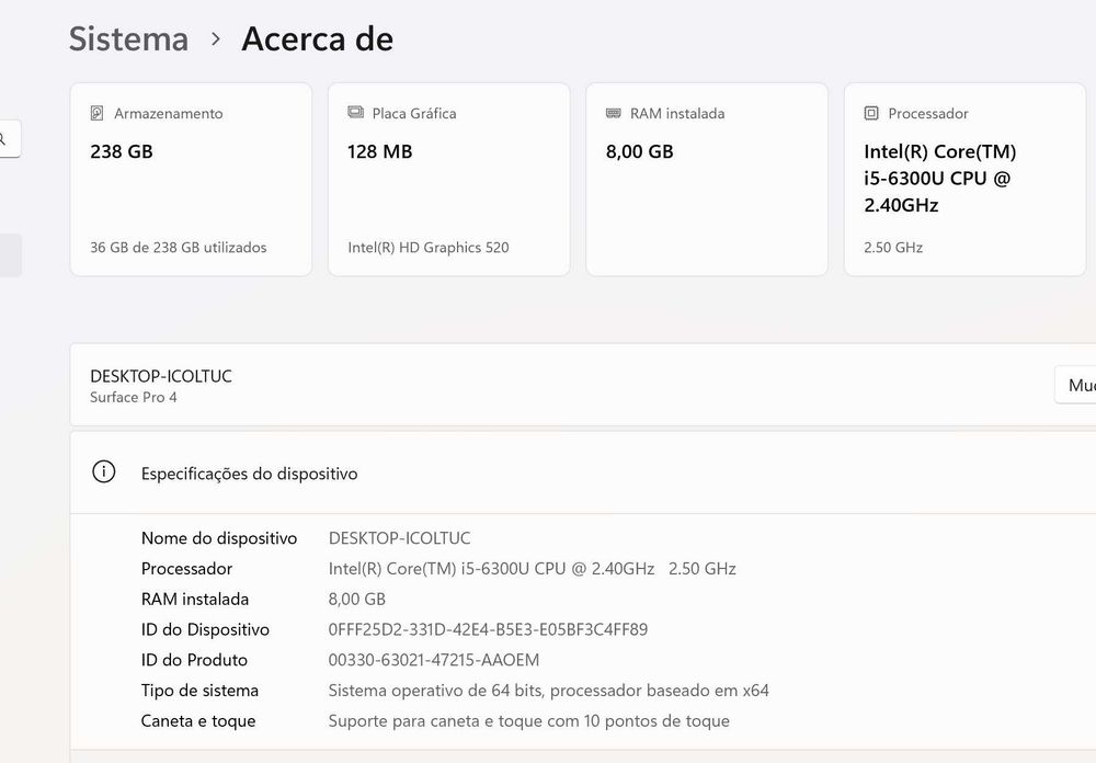 Surface Pro 5 - Intel i5 6300U- Ram 8GB- Ssd 256GB - 12.3" - Windows 11 Pro - Portugues