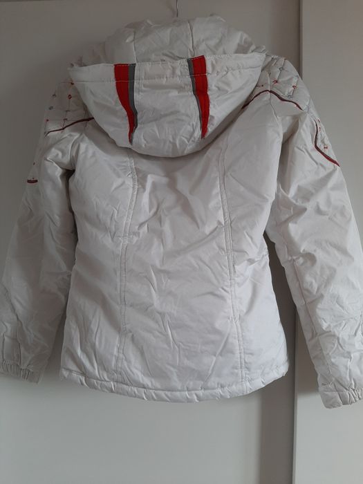 Biała dziecięca kurtka zimowa narciarska z odpinanym kapturem futerkie