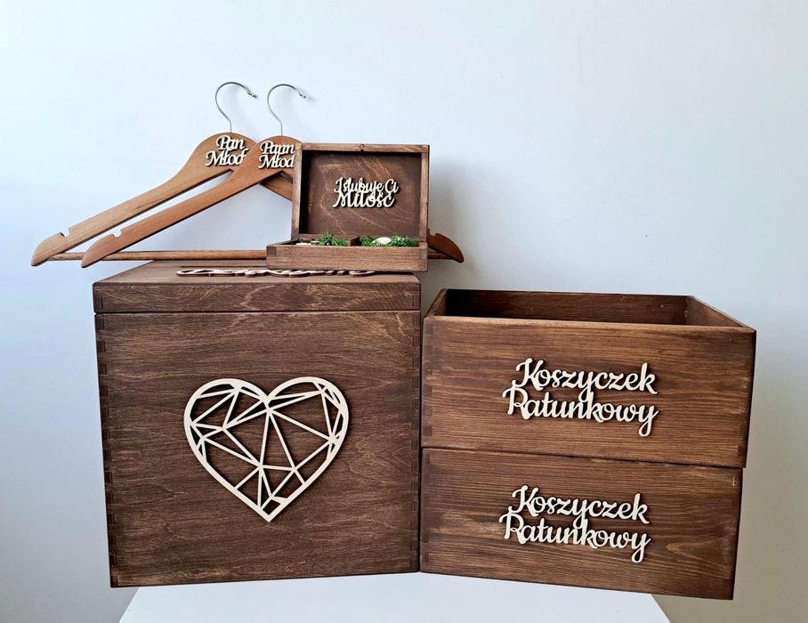 Duże rustykalne drewniane pudełko na koperty obrączki Wieszaki koszycz