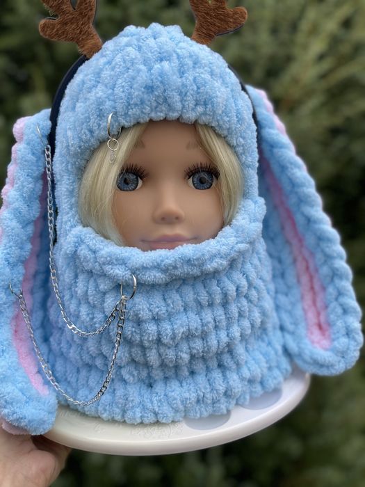 Балаклава шапка плюшевая с ушами зайчика,котика,мишки,детская/взрослая