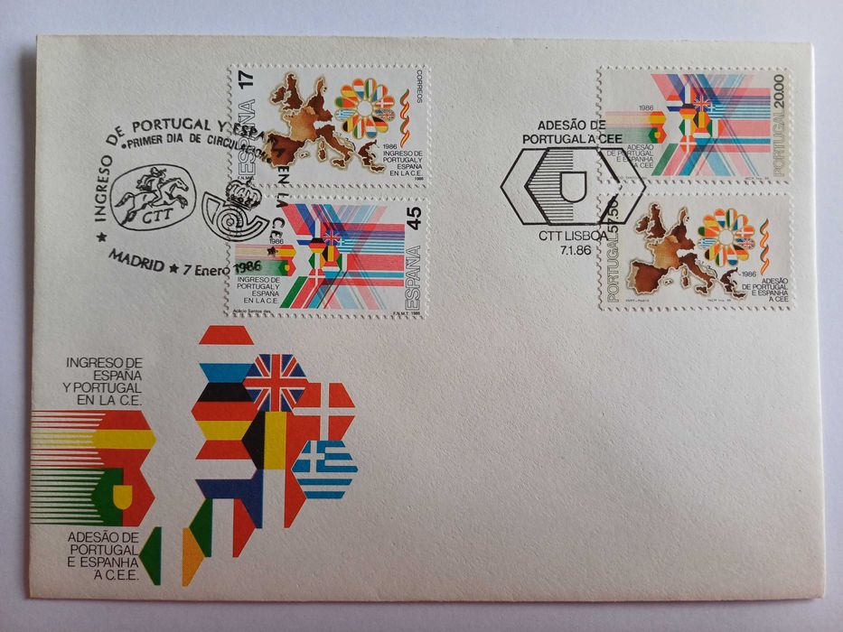 Espanha FDC Adesão Portugal e Espanha à CEE, com carimbo de Lisboa,