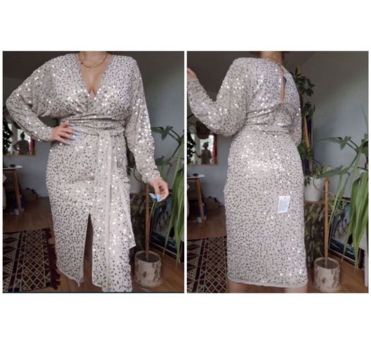 Beżowa cekinowa sukienka midi kimono 40 L asos luxe