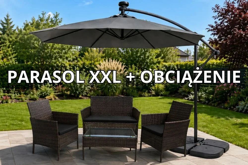 NOWY Parasol Ogrodowy 300 cm Duży XXL Szary Z Lampkami LED Solidny Składany Z Pokrowcem Metalowy Stalowy Z Obciążnikiem Obciążenie Pod Parasol OKAZJA!