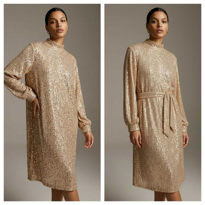 ZIBI London вечернее платье в пайетках миди золото с поясом, р. XL/2XL