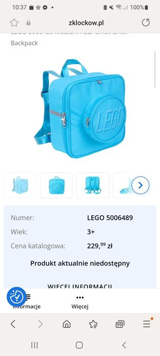 NOWY LEGO Mały plecak-klocek w kolorze średniego błękitu kostka
