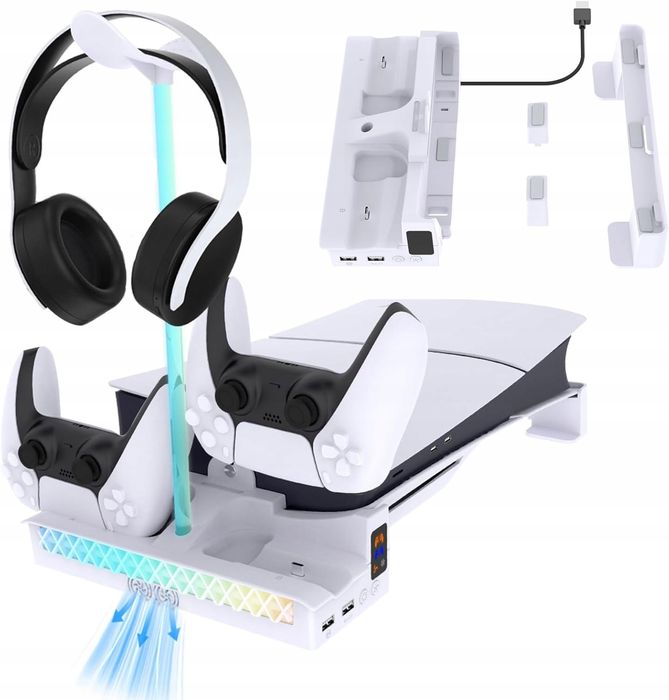 podstawka pozioma ps5 slim/pro z wentylatorem chłodzącym ładowarka