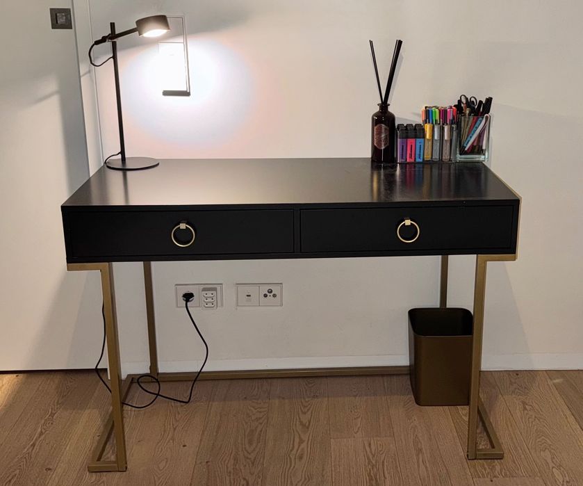 Consola Secretária Preto/Dourado 115 cm 50 cm com arrumação